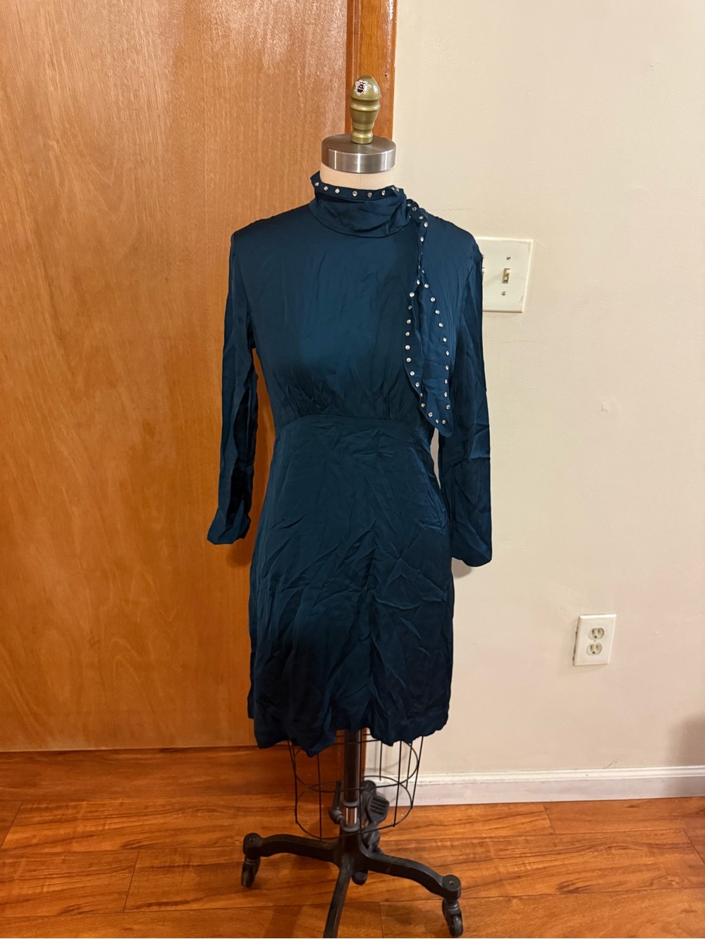 Sandro paría Long-Sleeve Teal High-Neck Dress with Studded Neck Tie